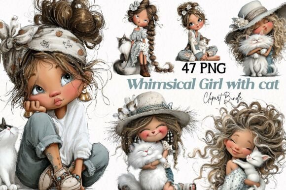 Download Whimsical Girl with Cat Clipart - Girl Collection